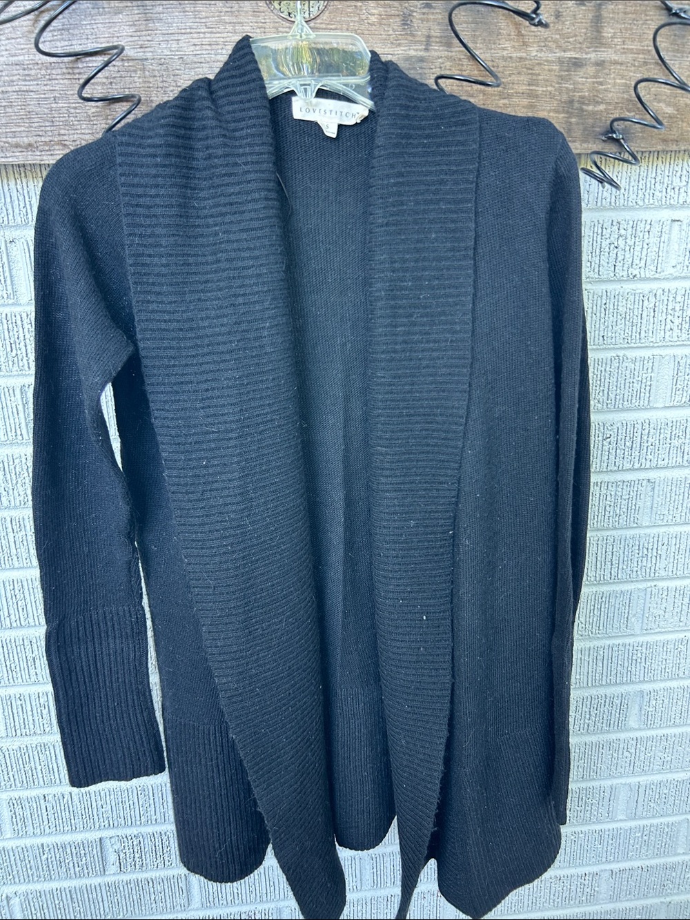 lovestitch Black Open-Front Ribbed Shawl Collar Cardigan